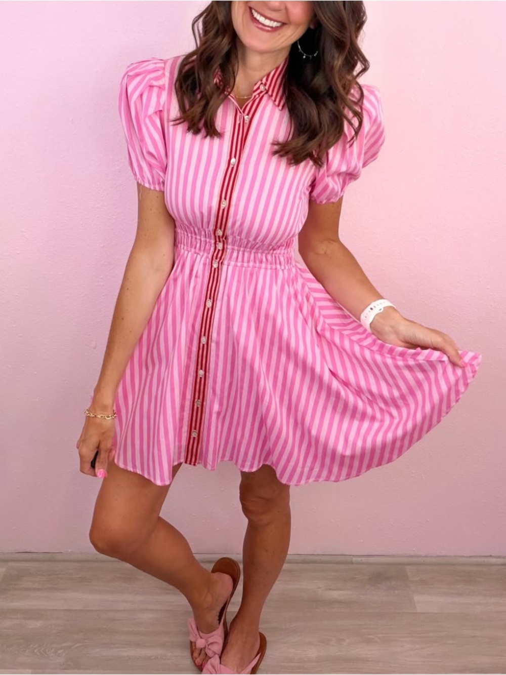 Pink Striped Button-Front Short Sleeve Dress